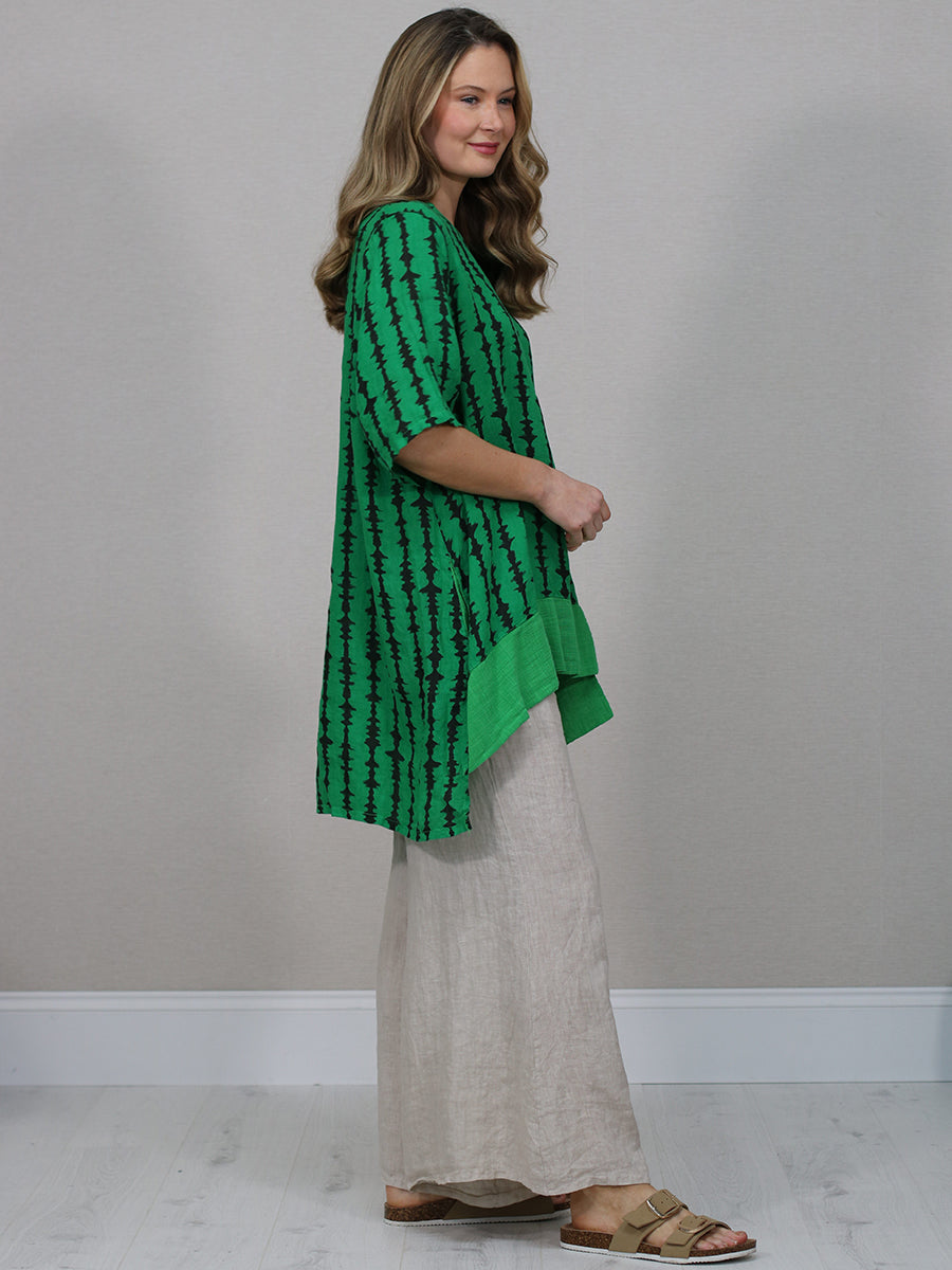 Artistic Print Linen Tunic Top