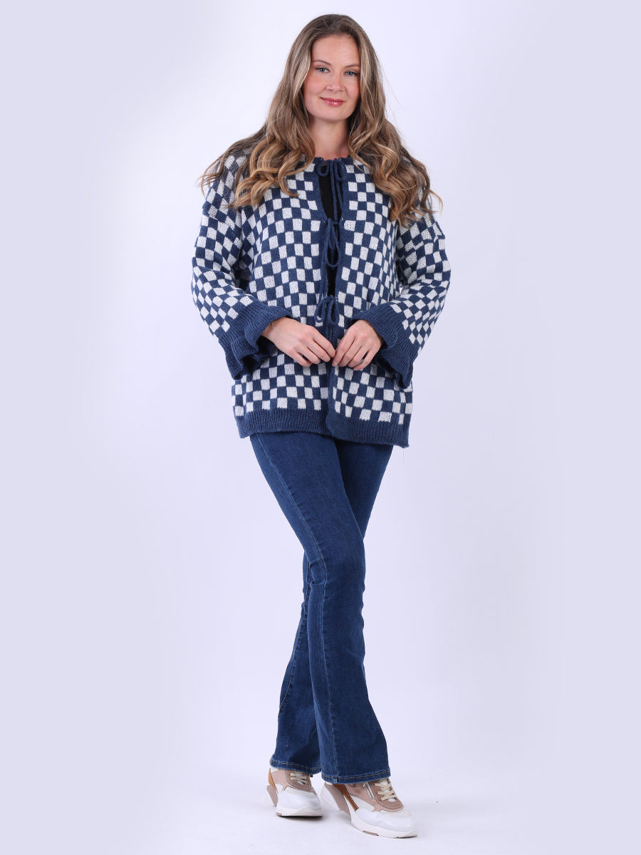 Knitted Check Tied Front Wooly Cardigan