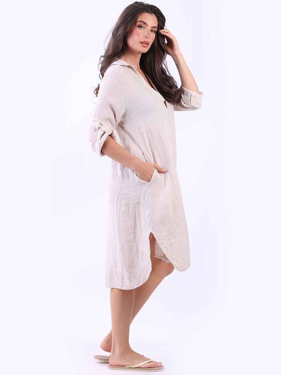 Dipped Hem Solid Linen Shirt Dress