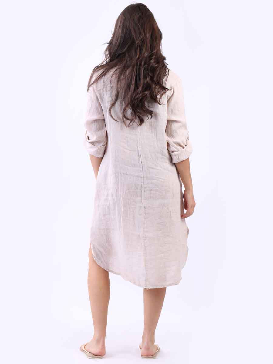Dipped Hem Solid Linen Shirt Dress