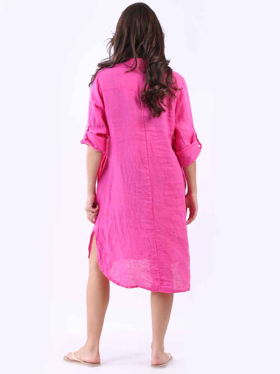 Dipped Hem Solid Linen Shirt Dress