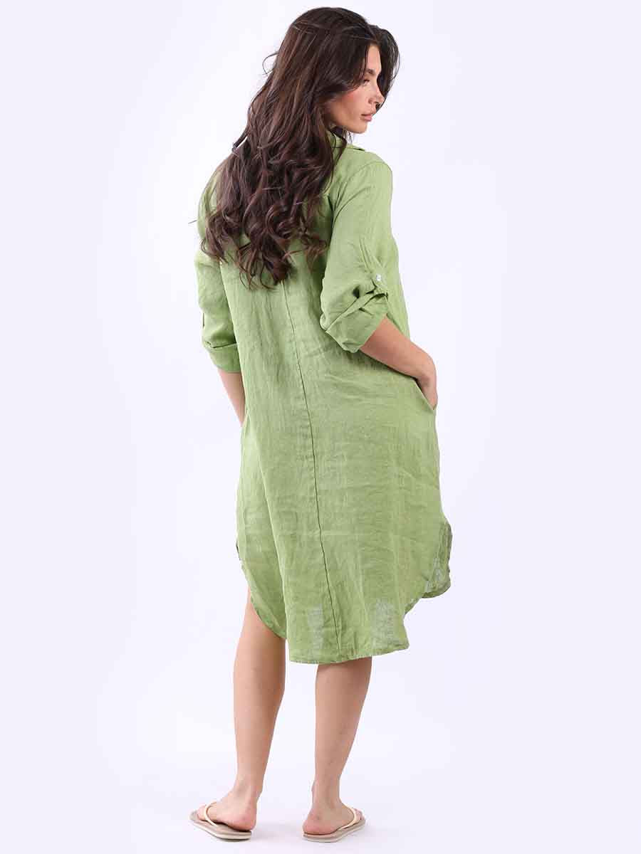 Dipped Hem Solid Linen Shirt Dress
