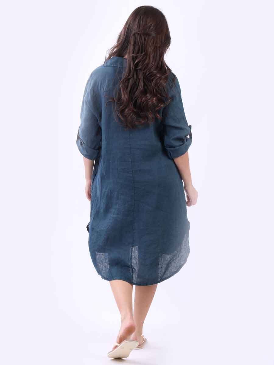 Dipped Hem Solid Linen Shirt Dress