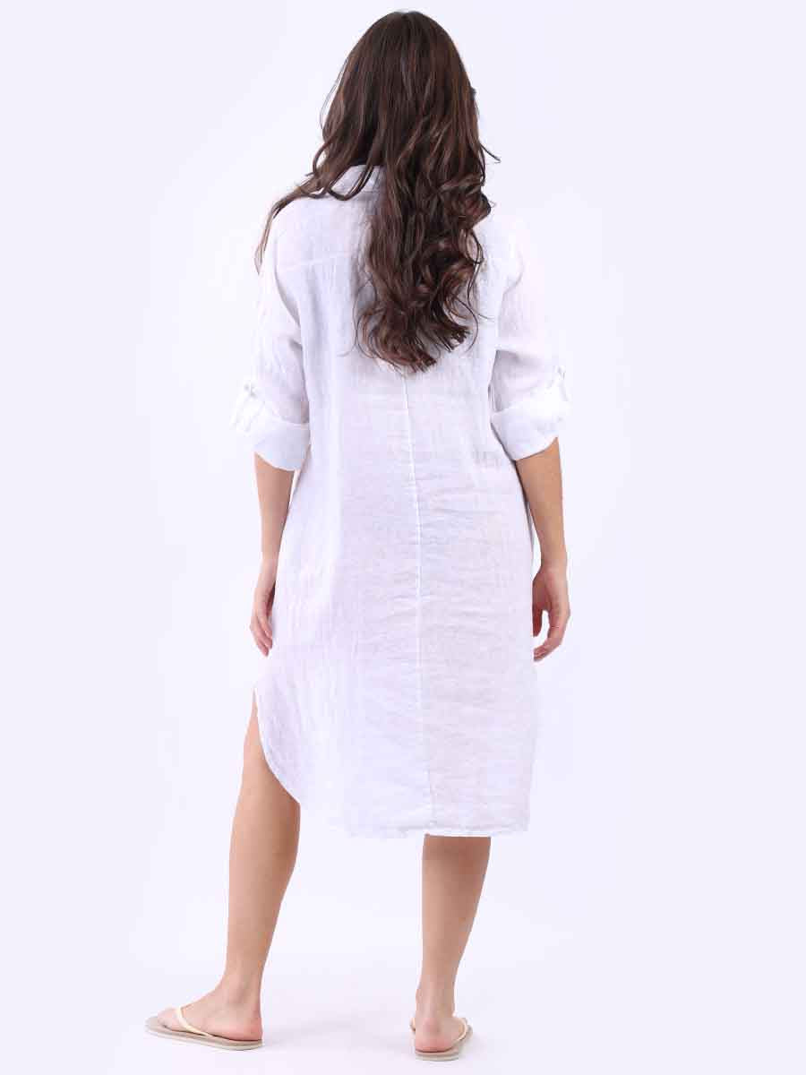Dipped Hem Solid Linen Shirt Dress