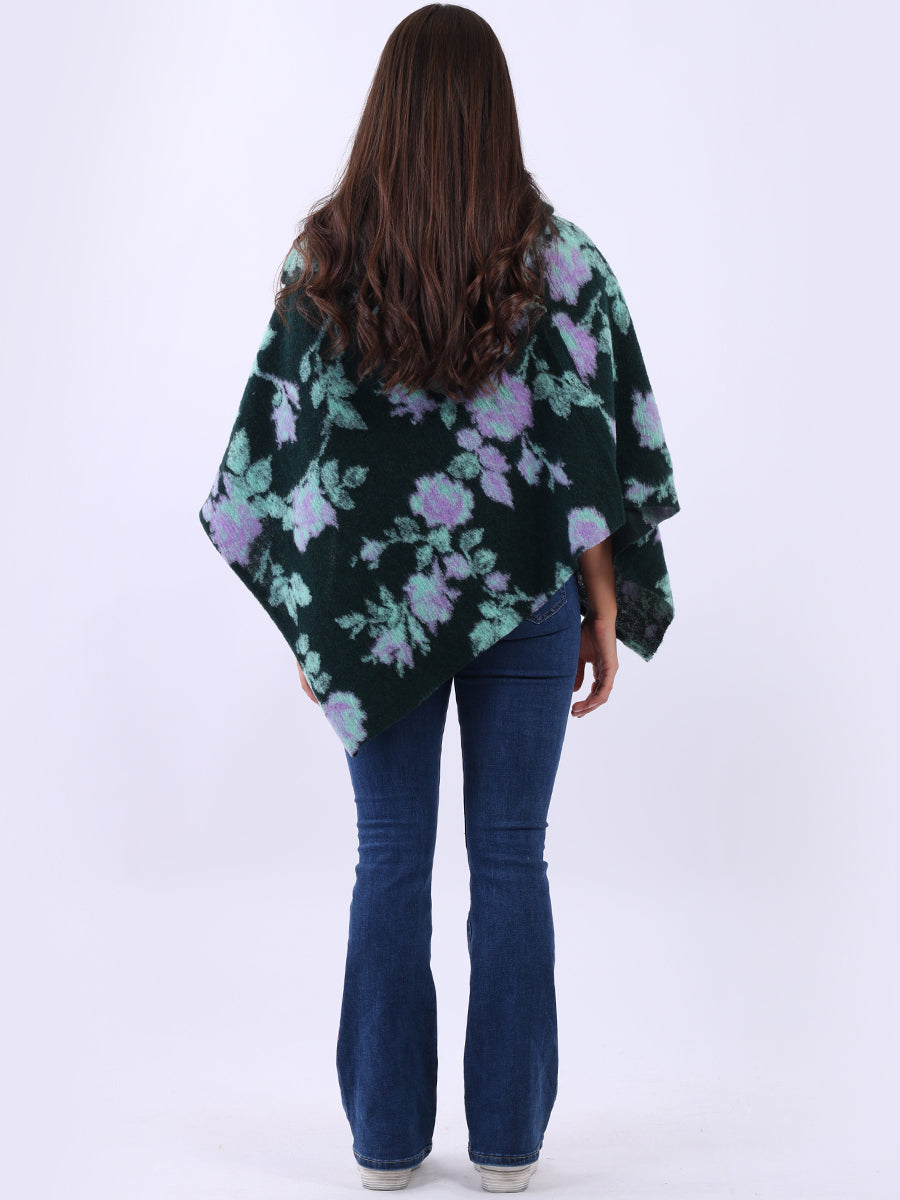 Women Drop Neck Floral Knitted Poncho