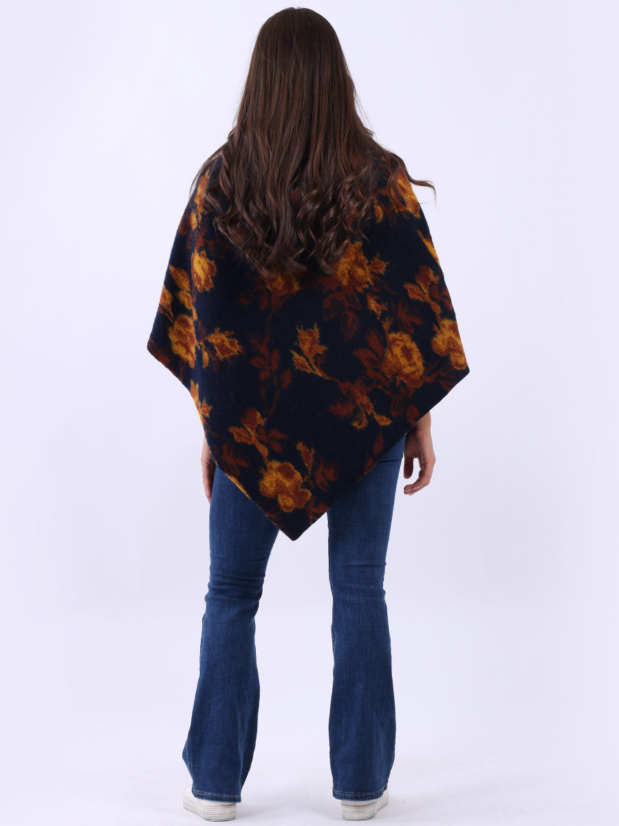 Women Drop Neck Floral Knitted Poncho