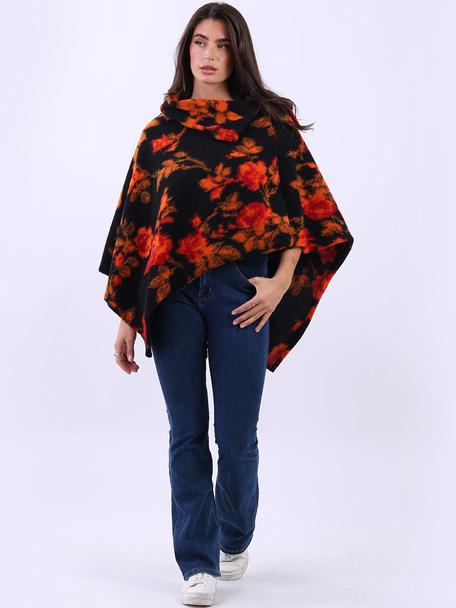 Women Drop Neck Floral Knitted Poncho