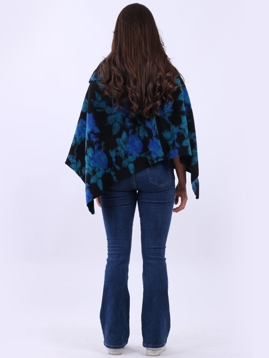 Women Drop Neck Floral Knitted Poncho