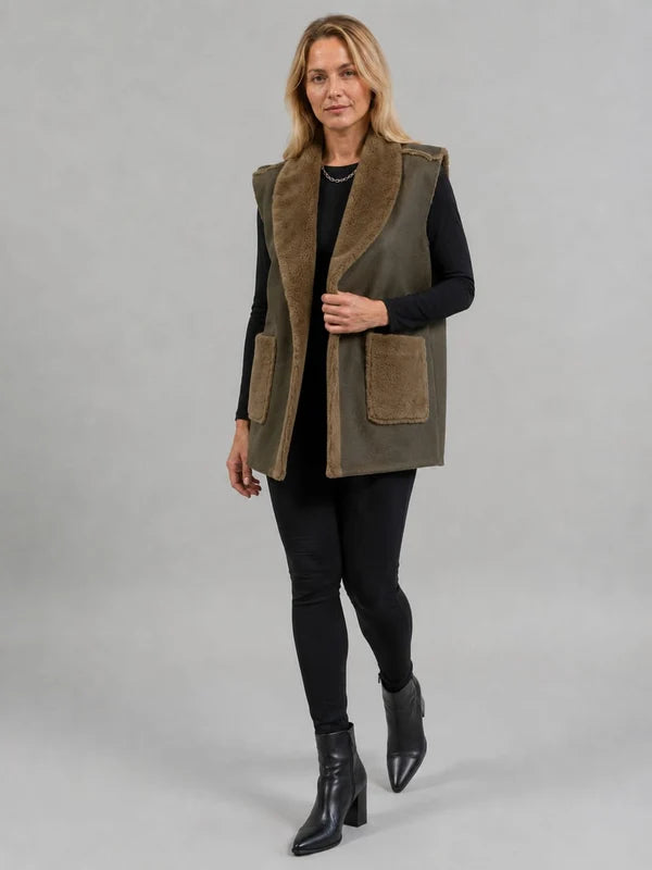 Faux Fur Cropped Gilet Khaki