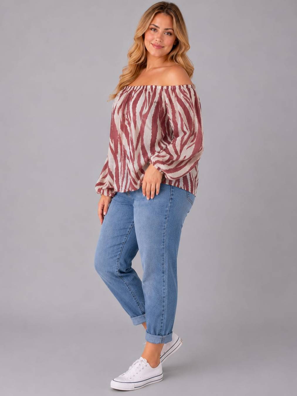 Zebra Print Oversized Bardot Crop Blouse