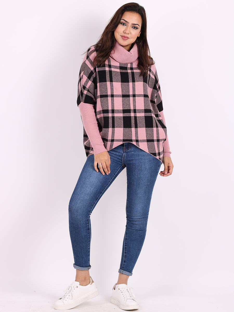 Check Print Cowl Neck Batwing Knitted Jumper
