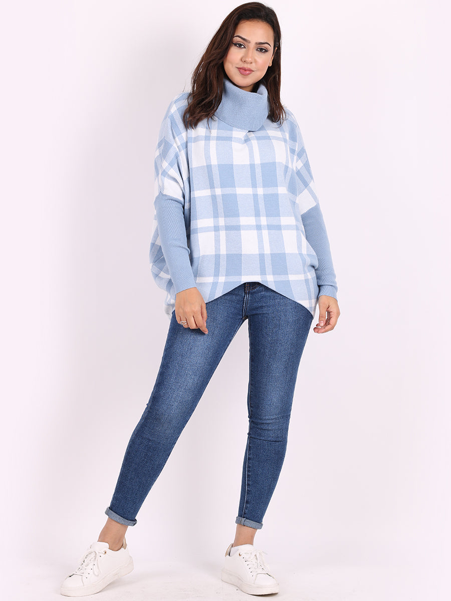 Check Print Cowl Neck Batwing Knitted Jumper