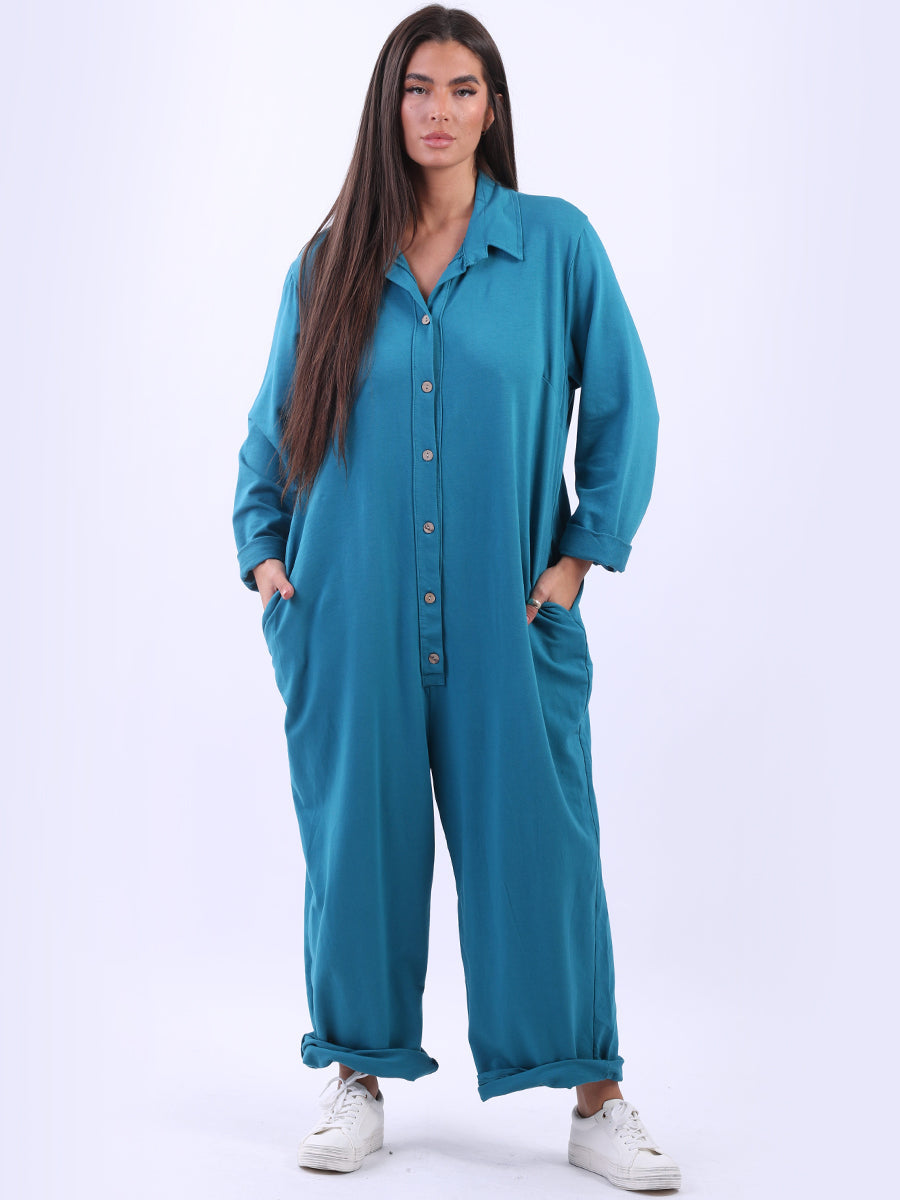 Ladies Button Down High Waist Cotton Jumpsuit