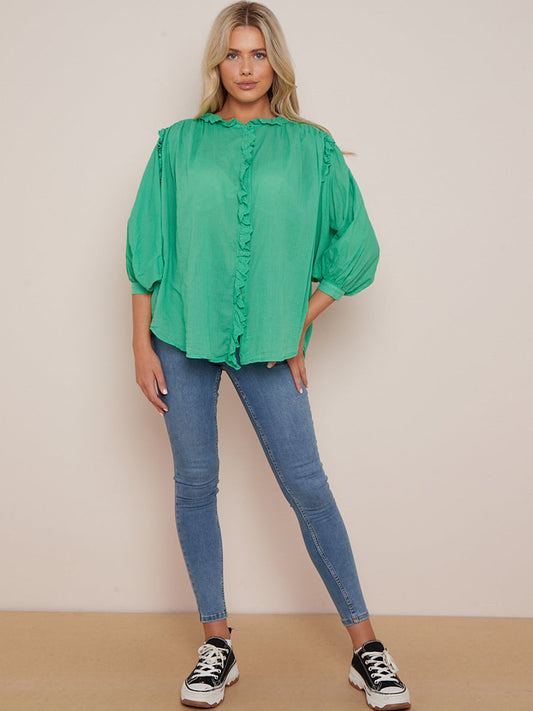 Solid Cotton Crochet Button Down Boxy Blouse