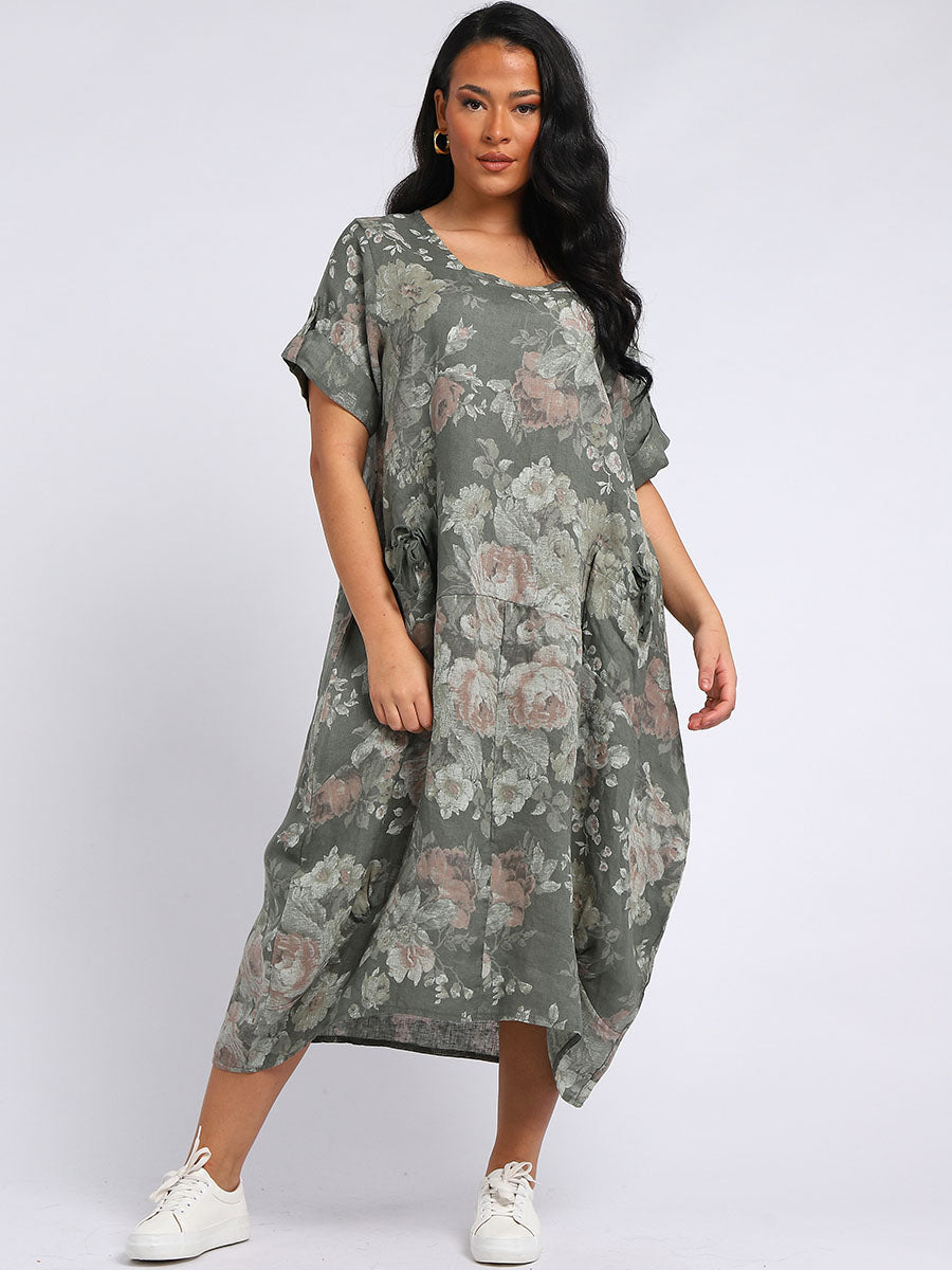 Ladies Linen Floral Summer Midi Dress