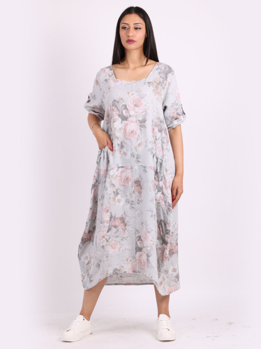 Ladies Linen Floral Summer Midi Dress