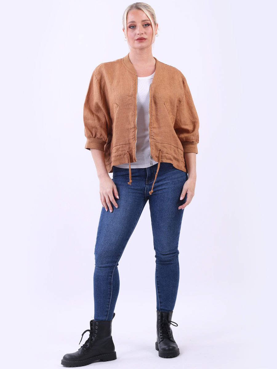 Front Zip Ladies Linen Ribbed Crop Jacket