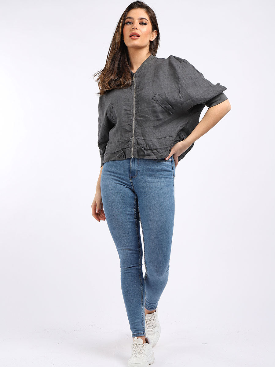 Front Zip Ladies Linen Ribbed Crop Jacket