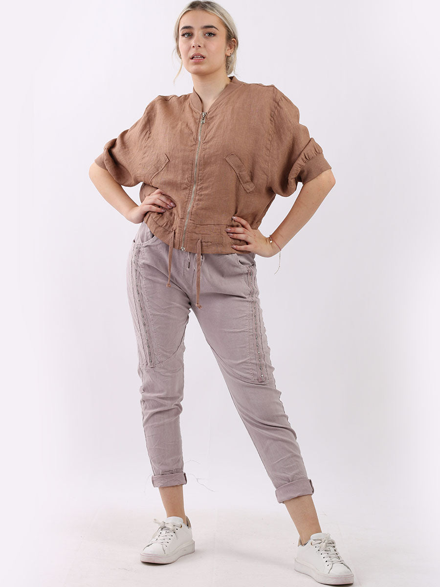 Front Zip Ladies Linen Ribbed Crop Jacket