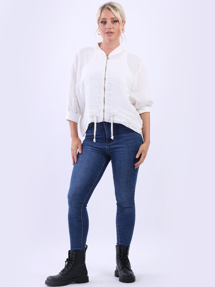 Front Zip Ladies Linen Ribbed Crop Jacket