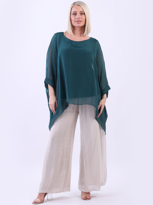 Italian Plain Batwing Silk Tunic Top-Red 1