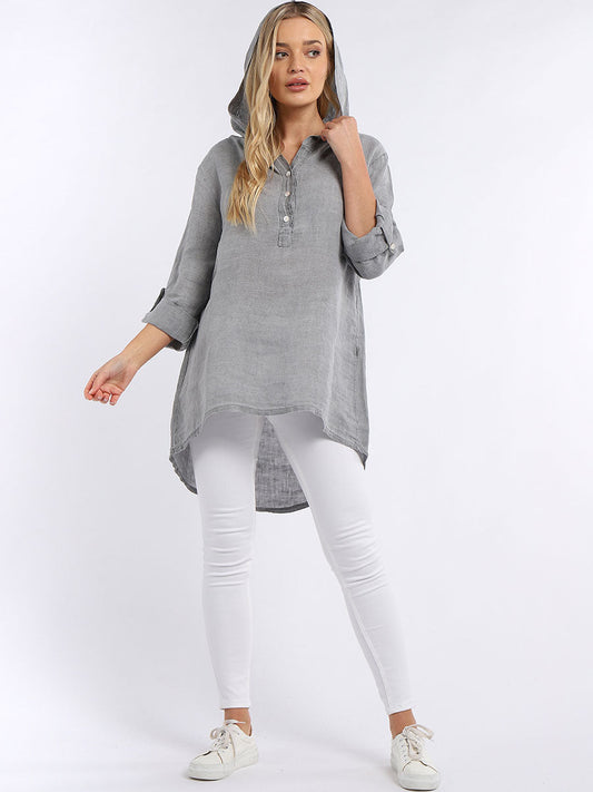 Plain High Low Women Linen Hooded Top