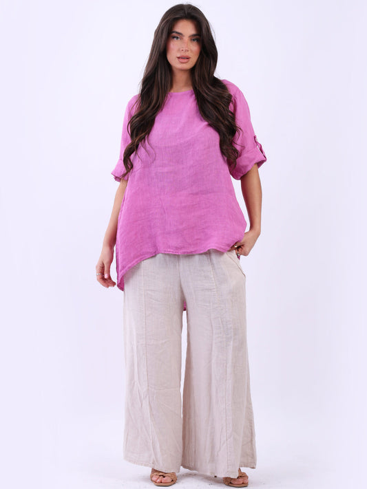 Solid Linen Dip Hem Baggy Loose Fit Top