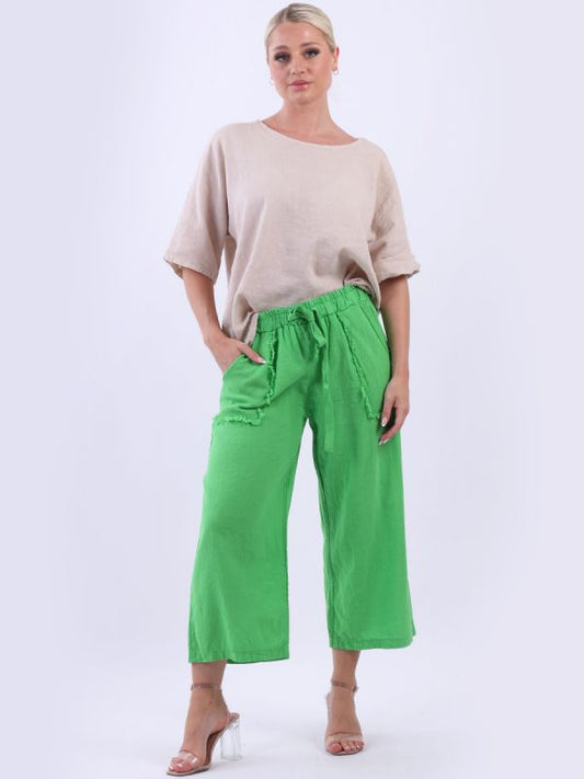 Ladies Wide Leg Raw Edge Pockets Linen Trouser