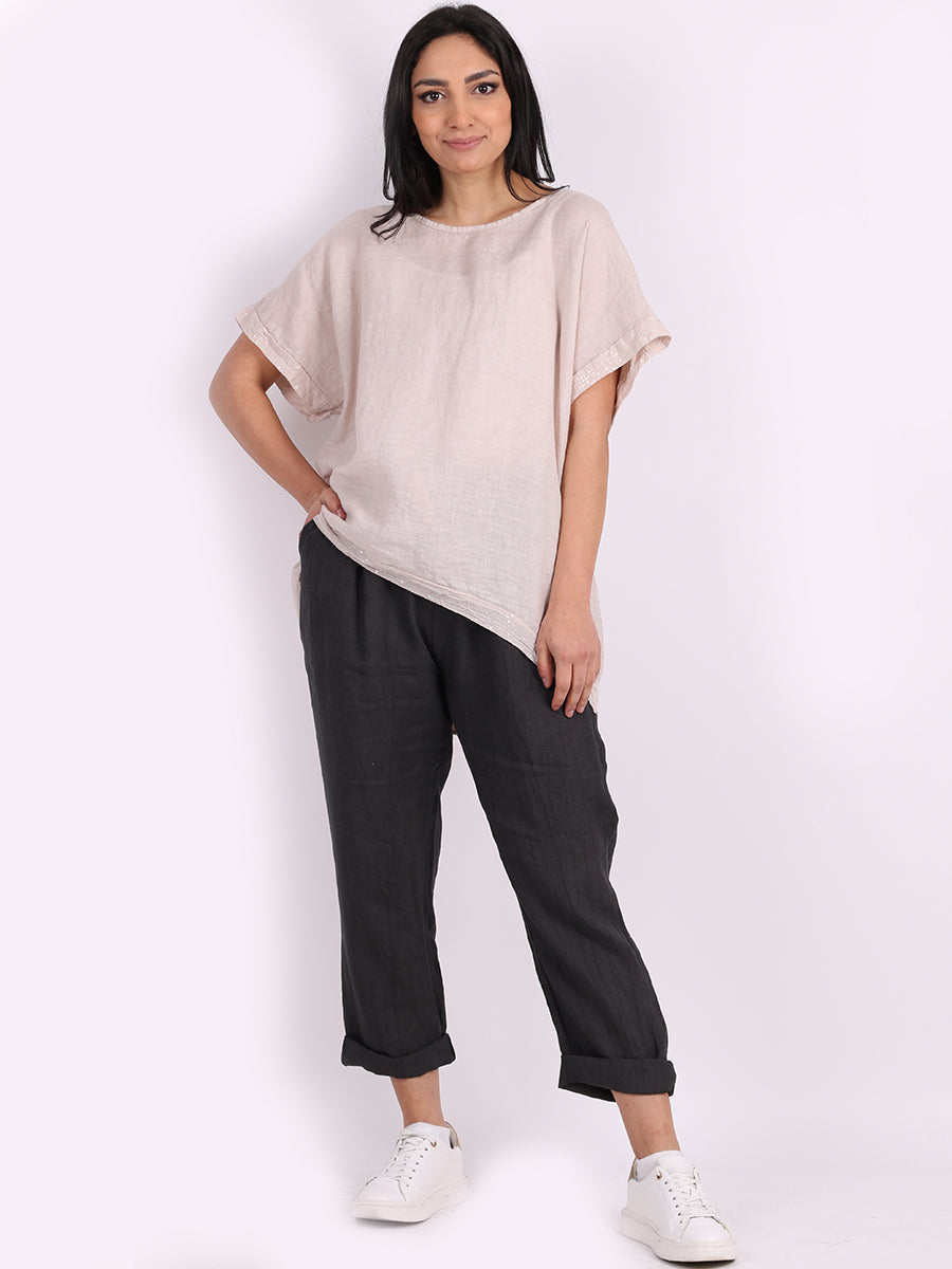 Italian Sequin Linen Top Beige