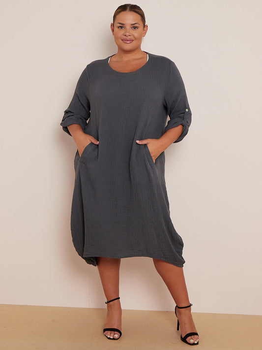 Plain Plus Size Cotton Lagenlook Midi Dress