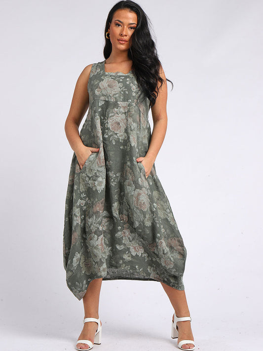 Sleeveless Linen Floral Maxi Tank Dress