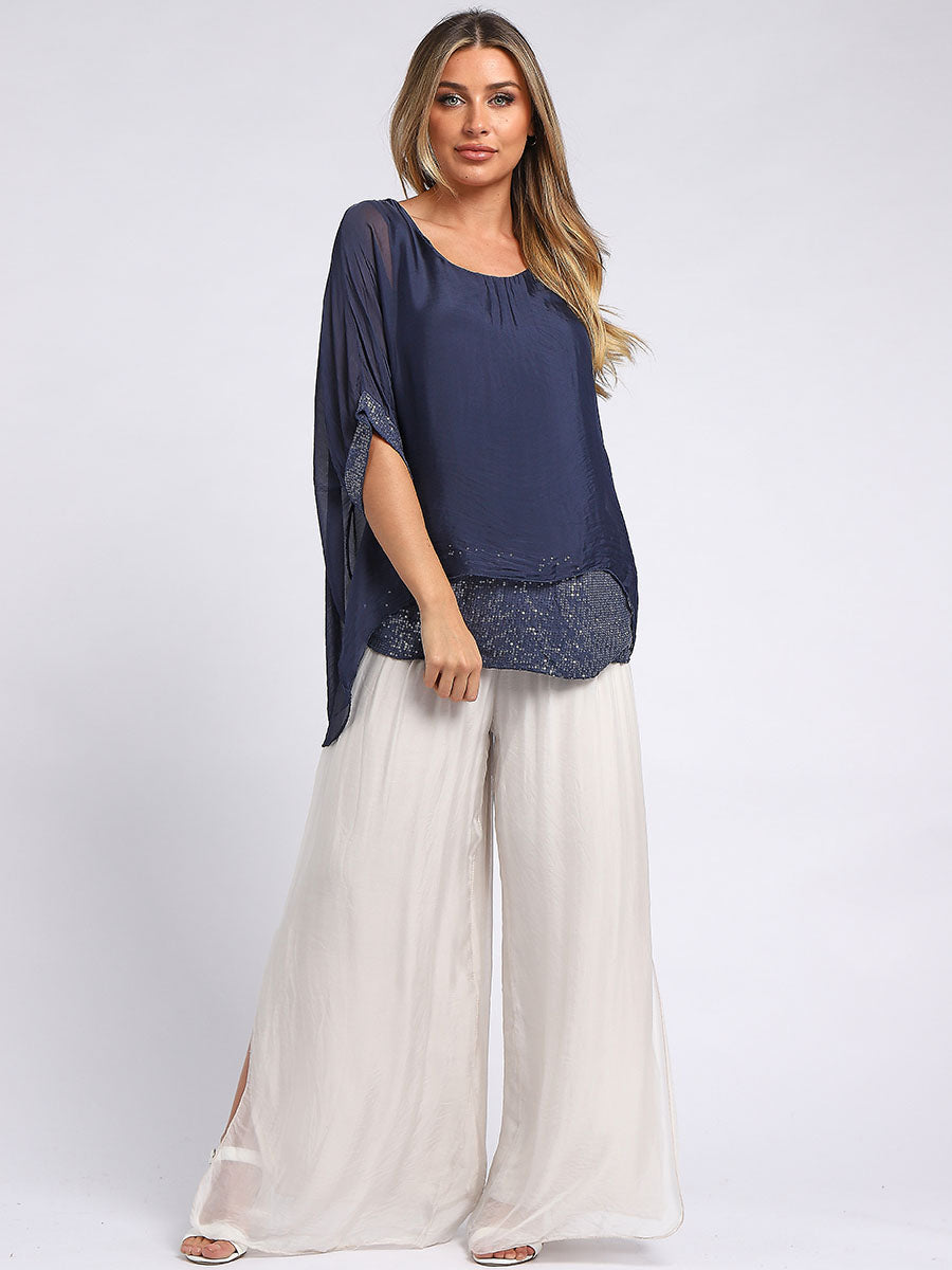 Plain Silk Tunic Top Navy