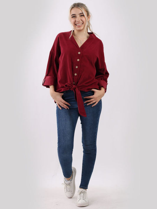 Plain Cotton Corduroy Twisted Hem Knot Ladies Shirt
