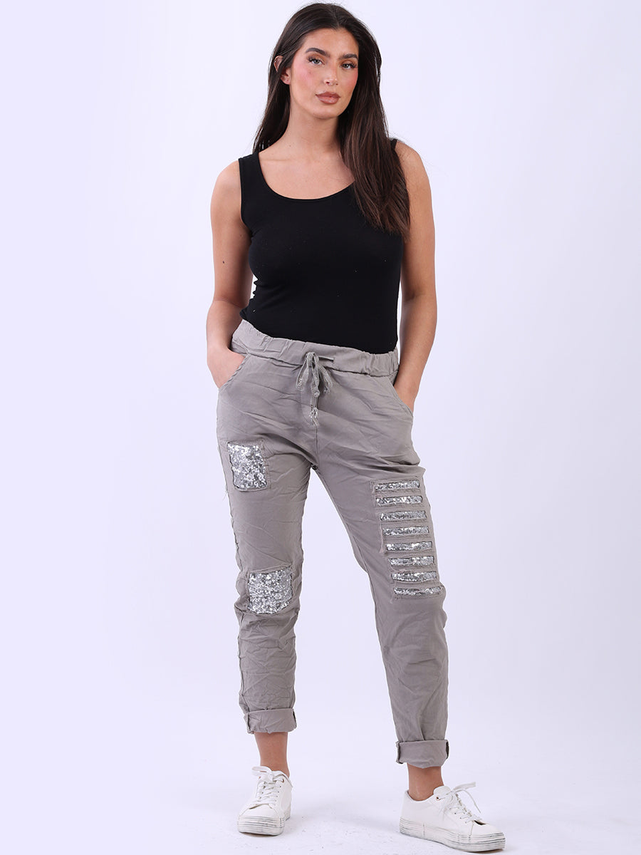 Italian Ladies Plain Sequin Ripped Magic Pant