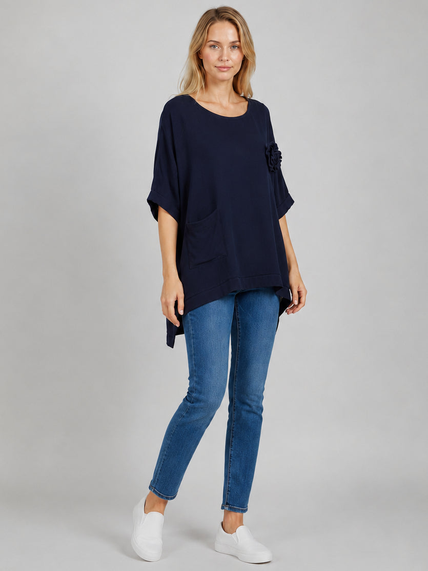 Flower Applique Baggy Shirt Navy