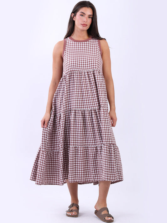 A Line Gingham Sleeveless Tiered Midi Dress