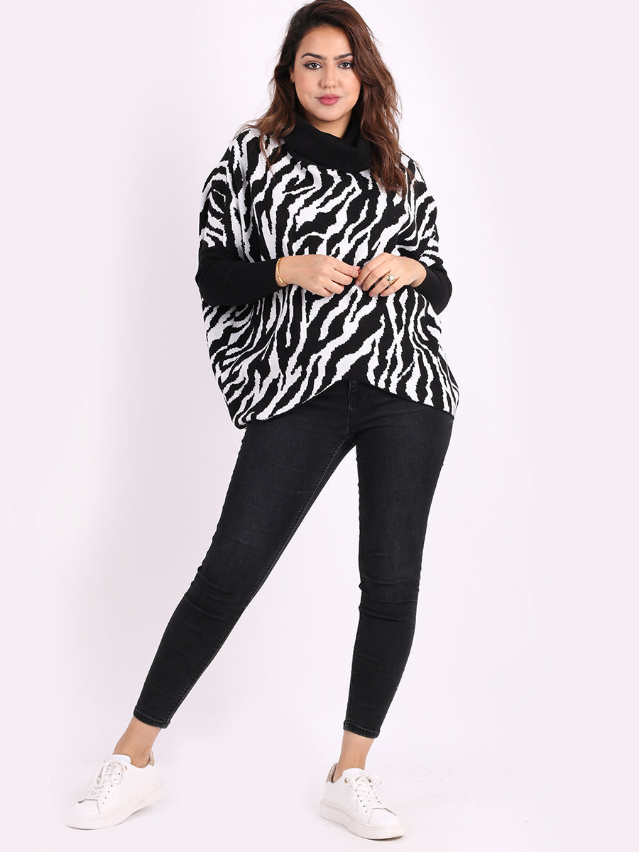 Zebra Print Cowl Neck Batwing Knitted Jumper