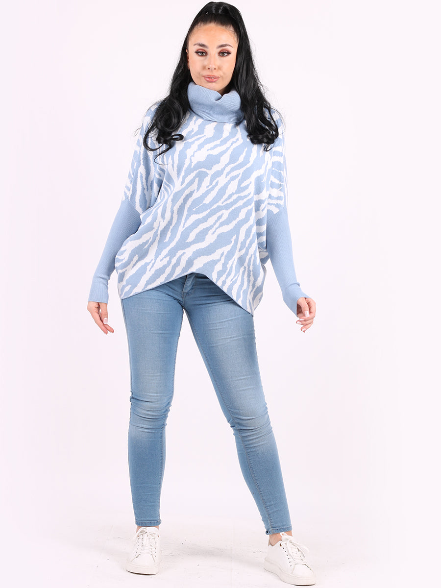 Zebra Print Cowl Neck Batwing Knitted Jumper